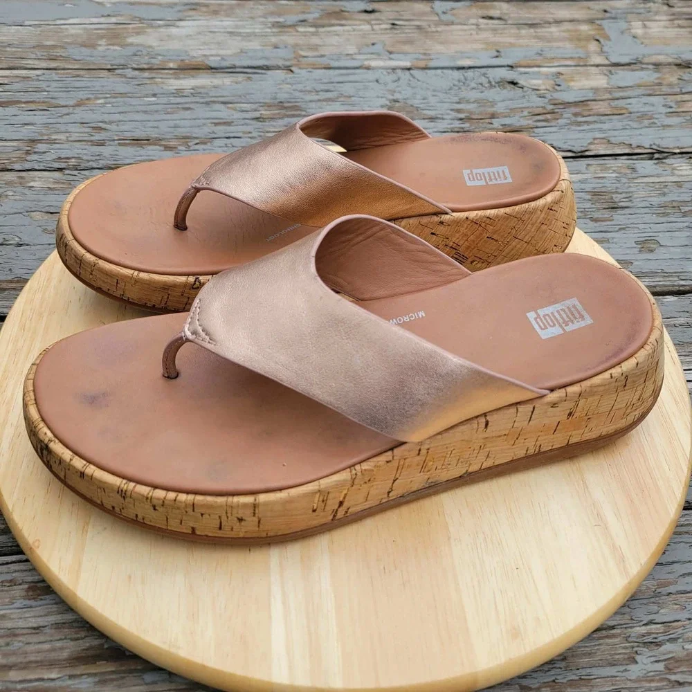 FitFlop F Mode Platform Sandals Womens 8 US Rose Gold Cork Flatform Toe Post